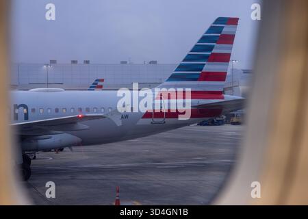 SAVANNAH, GEORGIA, USA, 9 NOVEMBRE 2025: La coda e la fusoliera di un jet dell'American Airlines parcheggiato, visto attraverso un finestrino del passeggero poco prima della depar Foto Stock