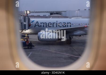 SAVANNAH, GEORGIA, USA, 9 NOVEMBRE 2025: L'ala e la fusoliera di un aereo dell'American Airlines sono visibili attraverso un finestrino passeggeri come l'aereo i. Foto Stock