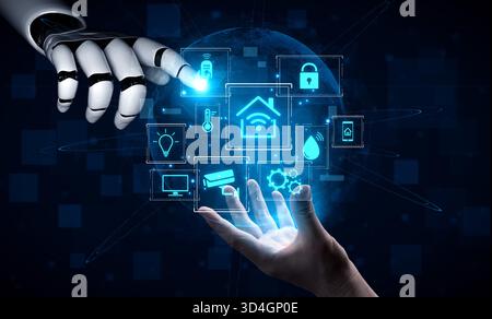 Un assistente ai gestisce una casa intelligente, fornendo automazione intelligente. Questo sistema centrale apprende le abitudini degli utenti per ottimizzare la sicurezza, il clima e. Foto Stock