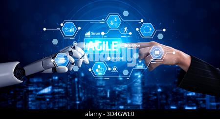 Una mano umana interagisce con una mano robotica in mezzo a un'interfaccia digitale che mette in evidenza metodologie agili, innovazione e tecnologia in un futuristico Foto Stock