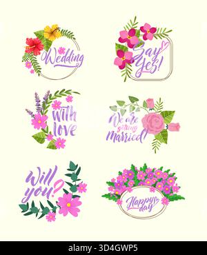 Distintivi per matrimoni. etichette con design floreale con scritta "save date". modelli vettoriali per la grafica originale delle schede di invito Illustrazione Vettoriale