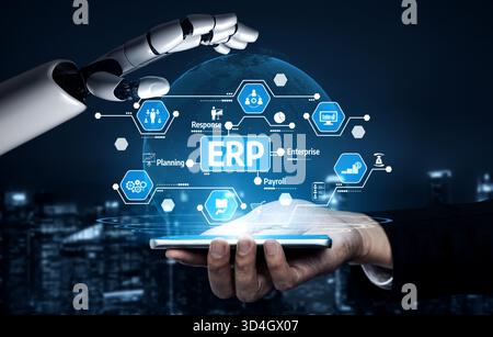 Un robot futuristico interagisce con un cloud di dati, simboleggiando l'integrazione della tecnologia nella pianificazione delle risorse aziendali per il business Foto Stock