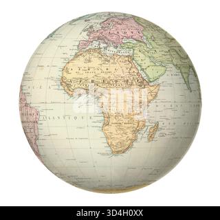 Mappamondo cartografico d'epoca che mette in risalto il continente africano, mostrando masse di terra invecchiate con sfondo di carta intemperie e caratteristiche geografiche dettagliate Foto Stock