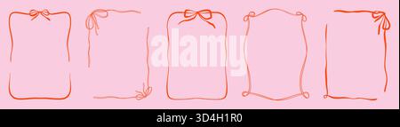 Set di telai rettangolari a nastro rosso verticali disegnati a mano con grazioso arco legato. Natale, Capodanno, biglietti di auguri di San Valentino, scapolo Illustrazione Vettoriale