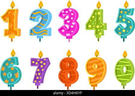 Candele del numero dei cartoni animati. Candela di compleanno per torta, festa di anniversario numeri di età design 1 2 3 4 5 6 7 8 9 forma primo giorno festivo del bambino Illustrazione Vettoriale