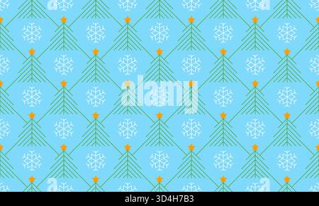 Albero di Natale invernale geometrico lineare vettoriale senza cuciture e fiocchi di neve bianchi sul cielo blu. Linea verde, sfondo art deco con stella dorata Illustrazione Vettoriale