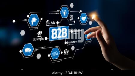 Questa immagine illustra le strategie B2B avanzate che includono e-commerce, accordi e soluzioni aziendali innovative in un contesto digitale Foto Stock