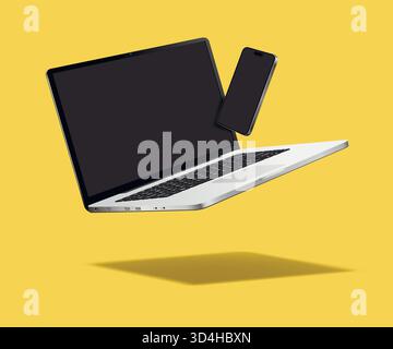 Caduta di laptop e smartphone isolati su sfondo giallo. Illustrazione vettoriale. Illustrazione Vettoriale