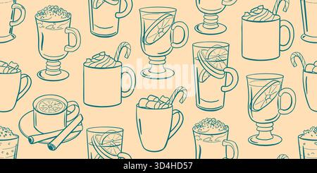 Schema con bevande invernali calde, cacao, VIN brulé, cioccolata, eggnog, moka alla menta piperita. Tazze disegnate a mano, bicchieri, incisione, vettoriale di scarabocchi monocromatico Illustrazione Vettoriale