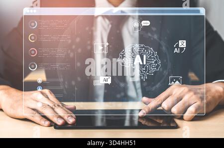 Un dashboard di intelligenza artificiale generativa per la creazione di contenuti multimediali diversificati. Il cervello digitale della piattaforma può generare anche immagini, video, voce e testo Foto Stock