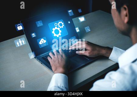Un concetto di operazioni aziendali e integrazione dei sistemi aziendali. I componenti di un'azienda, tra cui sicurezza, dati e infrastruttura cloud Foto Stock