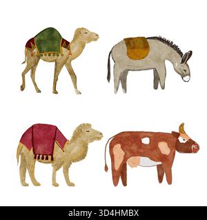 Animali della fattoria e del deserto con cammelli, asini e mucche con selle decorative. Acquerello dipinto a mano su bianco, perfetto per i presepi Foto Stock
