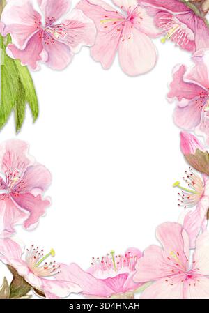Fiori di Sakura, foglie verdi cornice verticale ad acquerello isolata su bianco. Design floreale primaverile perfetto per inviti, biglietti, confezioni, giapponese Foto Stock