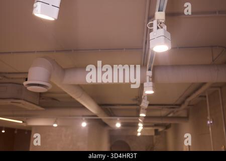 La disposizione dell'illuminazione enfatizza gli impianti e le caratteristiche architettoniche, le regolazioni tecniche migliorano la presentazione del prodotto attraverso l'illuminazione a strati e. Foto Stock
