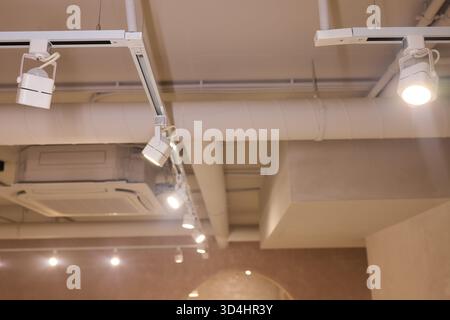 La disposizione dell'illuminazione enfatizza gli impianti e le caratteristiche architettoniche, le regolazioni tecniche migliorano la presentazione del prodotto attraverso l'illuminazione a strati e. Foto Stock