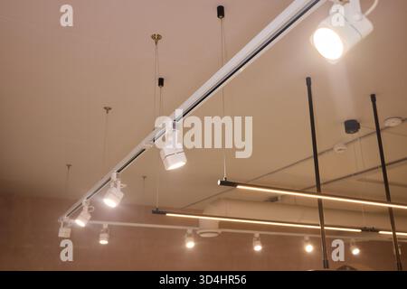 La disposizione dell'illuminazione enfatizza gli impianti e le caratteristiche architettoniche, le regolazioni tecniche migliorano la presentazione del prodotto attraverso l'illuminazione a strati e. Foto Stock