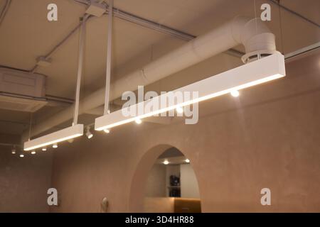 La disposizione dell'illuminazione enfatizza gli impianti e le caratteristiche architettoniche, le regolazioni tecniche migliorano la presentazione del prodotto attraverso l'illuminazione a strati e. Foto Stock