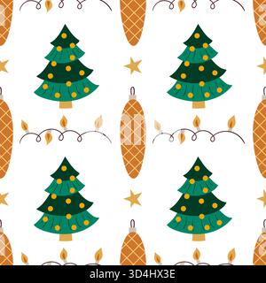 Motivo natalizio senza cuciture disegnato a mano. Decorazioni per alberi di Natale, garland. Stampa per design, tessuto, tessuto, carta da parati, carta da imballaggio, dic Illustrazione Vettoriale