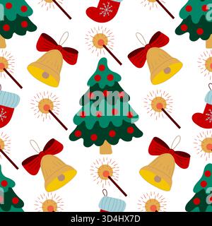 Motivo natalizio senza cuciture disegnato a mano. Alberi di Natale, decorazioni natalizie. Stampa per design, tessuto, tessuto, carta da parati, involucro Illustrazione Vettoriale