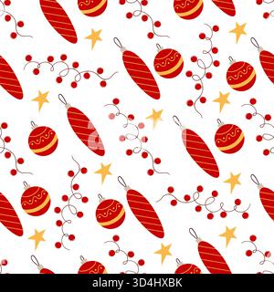 Motivo natalizio senza cuciture disegnato a mano. Decorazioni per alberi di Natale, garland. Stampa per design, tessuto, tessuto, carta da parati, involucro Illustrazione Vettoriale