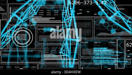 Visualizzazione della tessitura del reticolo tubolare ciano sull'HUD centrale, con pannelli, sagoma circolare, forma d'onda Foto Stock