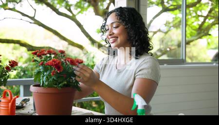 Donna in cura che indossa un top beige con crisantemo rosso regolabile sul tavolo del portico con annaffiatoio Foto Stock