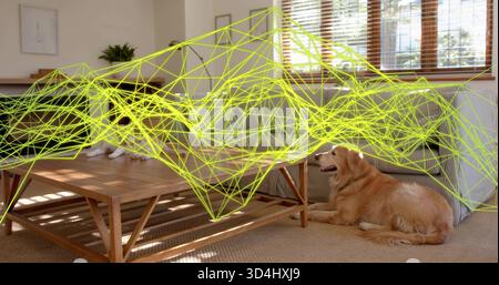 Testa di sollevamento per cani dorati in soggiorno con tavolino da caffè, credenza, rivestimento al neon, spazio fotocopie Foto Stock