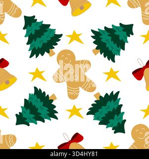 Motivo natalizio senza cuciture disegnato a mano. Alberi di Natale, campane. Stampa per design, tessuto, tessuto, carta da parati, carta da imballaggio Illustrazione Vettoriale