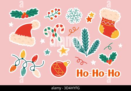 Carino set di adesivi natalizi. Stile piatto alla moda disegnato a mano. Cappello di Babbo Natale, calza, canna da zucchero, ornamenti, fiocco di neve, e luci. Perfetto per biglietti di auguri, decorazioni e design digitali. Illustrazione vettoriale Illustrazione Vettoriale