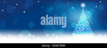 Astratto Blue Winter Seamless Vector sfondo Illustrazione con un albero di Natale e fiocchi di neve. Ripetibile orizzontalmente. Illustrazione Vettoriale