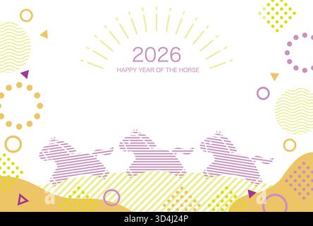 2026, The Year of the Horse, Vector New Year's Greeting Card Template with cartoonish Galloping Horses and Text Space on A White background. Illustrazione Vettoriale