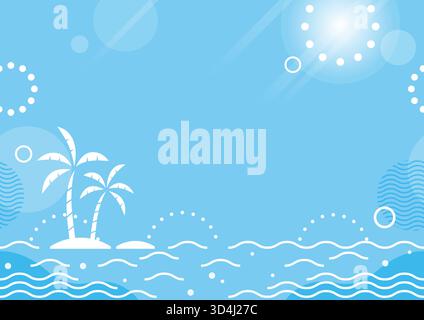 Illustrazione di sfondo Vector Seamless Tropical Ocean with Palm Trees on an Island. Ripetibile orizzontalmente. Illustrazione Vettoriale