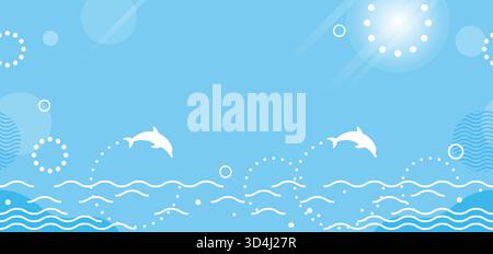 Illustrazione dello sfondo Vector Seamless Blue Ocean con i delfini che saltano. Ripetibile orizzontalmente. Illustrazione Vettoriale