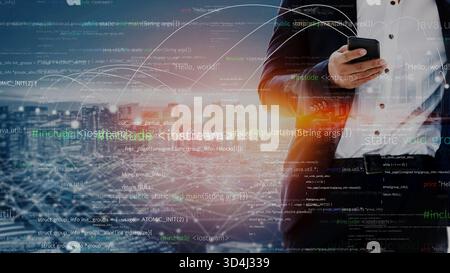 Un professionista aziendale si trova in una tuta, con uno smartphone sullo sfondo urbano dinamico, simboleggiando tecnologia, connettività e. Foto Stock