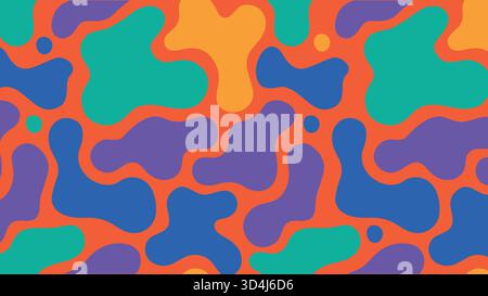 Motivo a blob colorato astratto con forme organiche in arancione, verde acqua, blu, giallo e viola, ideale per sfondi e tessuti moderni. Illustrazione Vettoriale