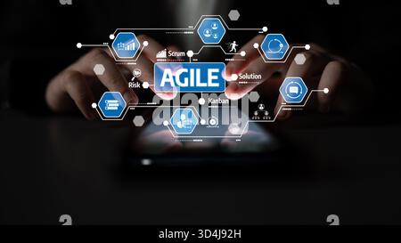Una rappresentazione visiva della moderna gestione agile dei progetti su uno smartphone, che presenta strumenti interattivi incentrati sul lavoro di squadra, sull'efficienza del flusso di lavoro e. Foto Stock