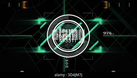 Visualizzazione dell'HUD concentrico centrale con dati numerici sovrapposti digitali, barre verdi al neon Foto Stock