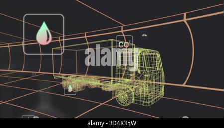 Visualizzazione del modello di dumper a pianale con struttura a reticolo che ruota all'interno del tunnel al neon, con icone CO2 e gocce Foto Stock