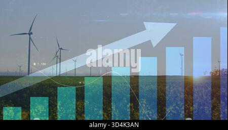 Visualizzazione di turbine eoliche che ruotano su pianura rurale al tramonto, visualizzazione di un grafico a barre sbiadito e di una linea di tendenza Foto Stock