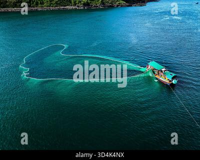 Vista aerea di un peschereccio che getta un'ampia rete nelle acque turchesi, in contrasto con il verde scuro della vicina costa, An Ninh Dong, Phu Y Foto Stock