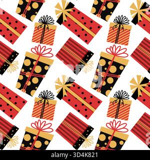 Motivo senza cuciture con un regalo natalizio per Natale o compleanno. Presente in arancione e nero. Graziosa confezione regalo in stile piatto. Accogliente illustrazione per le carte, Illustrazione Vettoriale