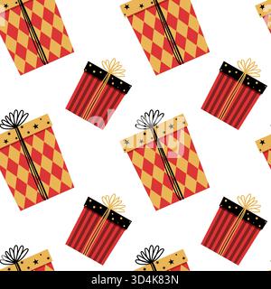 Semplice motivo senza cuciture con un regalo natalizio per Natale o compleanno. Graziosa confezione regalo in stile piatto. Comoda illustrazione per biglietti d'auguri, poster, involucri, sc Illustrazione Vettoriale