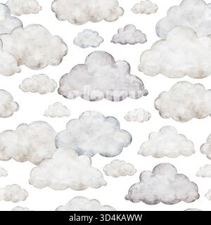 Acquerello cumulus nuvole motivo senza cuciture. Elementi artistici del cielo dipinti a mano. Sfondo con graziose nuvole bianche soffici per prodotti per bambini, biancheria, pigiama Foto Stock