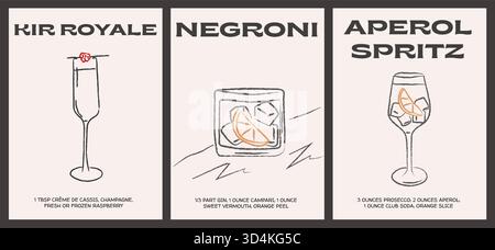 Set di schede ricette per cocktail retrò. Kir Royale, Negroni, Aperol Spritz. Illustrazioni disegnate a mano, ingredienti classici per bevande, tipografia audace per bar Illustrazione Vettoriale