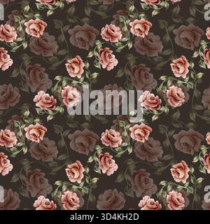 Rose con foglie senza cuciture su sfondo scuro. Giardino rosa polveroso fiore vittoriano. Illustrazione floreale dipinta a mano ad acquerello per il matrimonio des Foto Stock