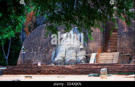 I Lions si trovano all'inizio della salita fino alla cima del Sigiriya Rock Summit nello Sri Lanka Foto Stock