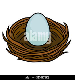 Una semplice illustrazione vettoriale stilizzata di un uovo azzurro incastonato saldamente all'interno di un nido di uccello marrone, presentato su uno sfondo bianco pulito. Illustrazione Vettoriale