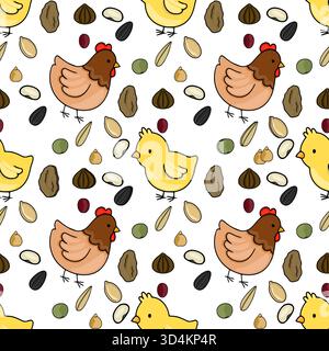 Adorabile motivo vettoriale senza cuciture con pulcini e galline giocherellone in mezzo a semi e grani di uccelli sparsi, creando un affascinante sfondo a tema fattoria. Illustrazione Vettoriale