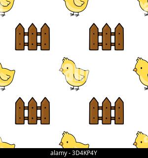 Motivo vettoriale senza cuciture con adorabili pulcini cartoni animati e recinzioni rustiche in legno su uno sfondo bianco pulito, perfetto per i disegni a tema primaverile. Illustrazione Vettoriale