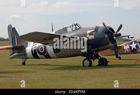 Un Grumman Wildcat FM2 G-RUMW Fleet Air Arm JV579 Royal Navy The Old Thing, in esposizione statica a IWM Duxford, durante il Battle of Britain Air Show, Foto Stock